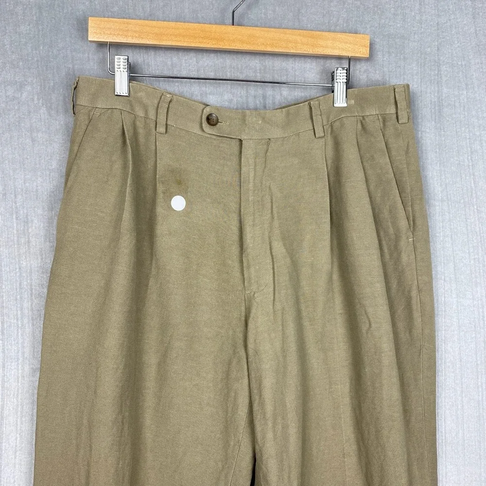 Vtg Perry Ellis Trousers Mens 34x25 Linen Blend Pleated Cuffed Khaki Coastal